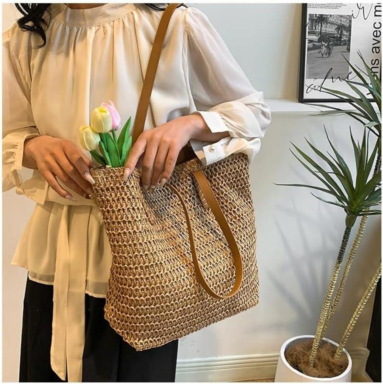 Strohtasche Strandtasche Damen Stroh Handtasche Reißverschluss Urlaub