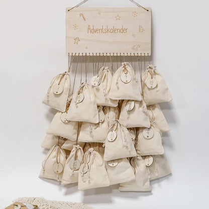 Adventskalender Baumwolltasche Kinder Weihnachtskalender inkl. Holzschild Beige