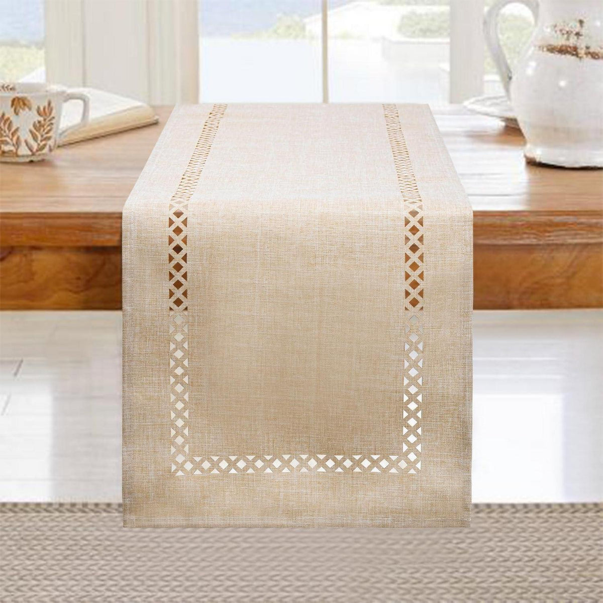 Tischläufer Beige 183x33 cm Leinenoptik Wasserabweisend Modern
