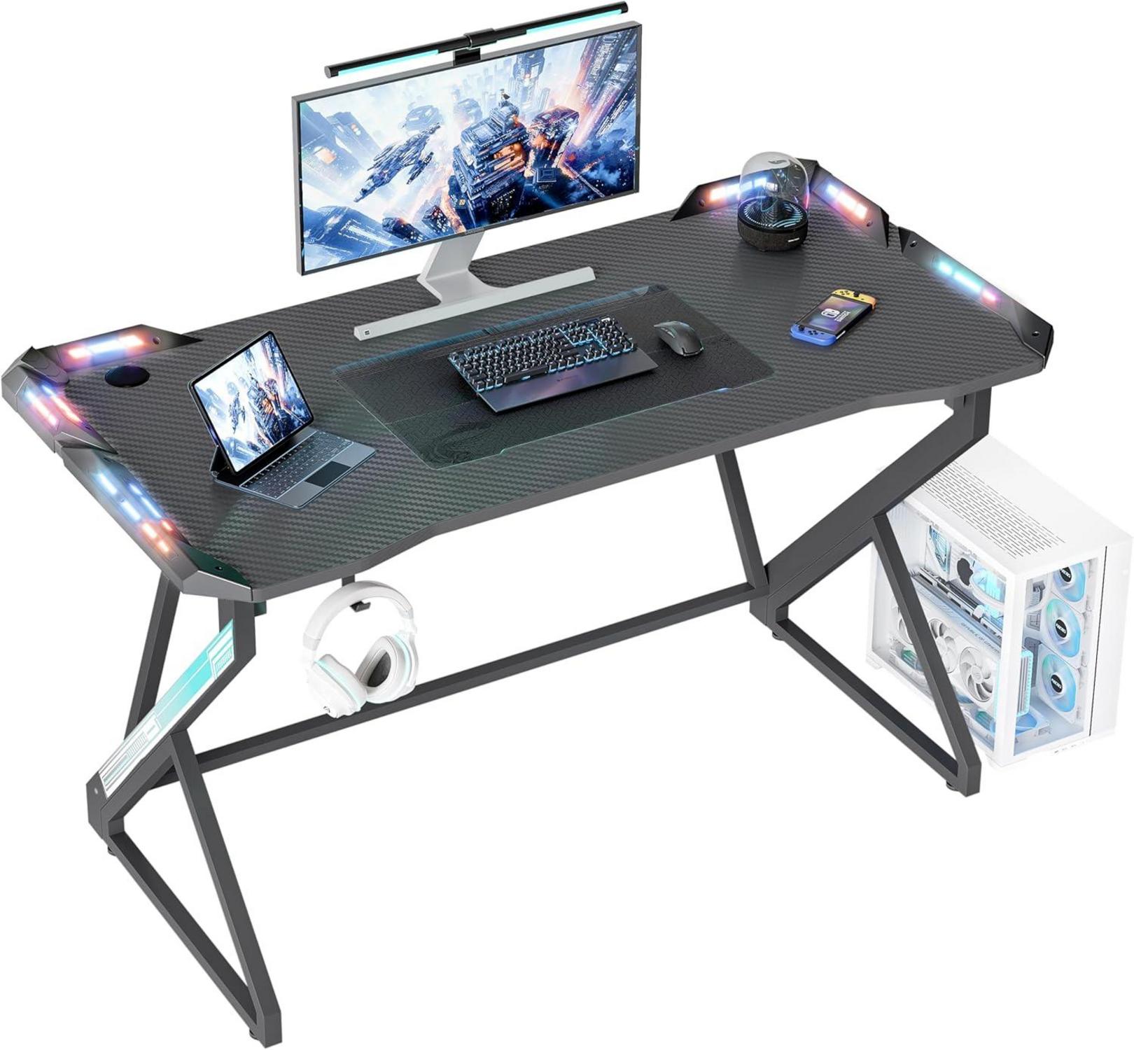 Gaming Schreibtisch LED Kohlefaseroberfläche Kopfhörerhaken