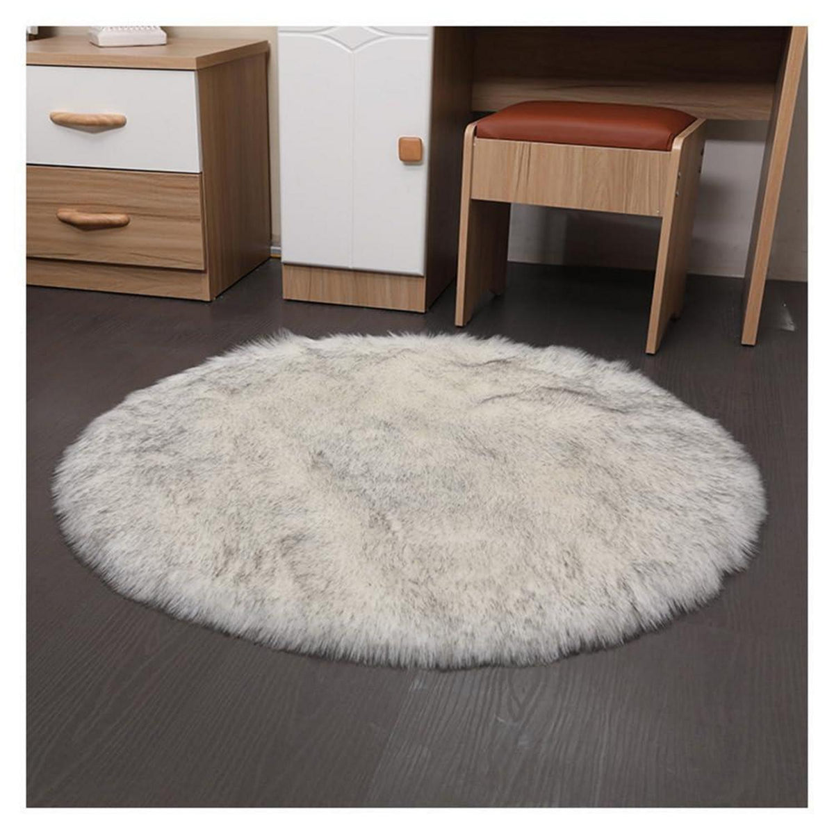 Runder Schaffellteppich weißgrau, flauschig & weich 120cm