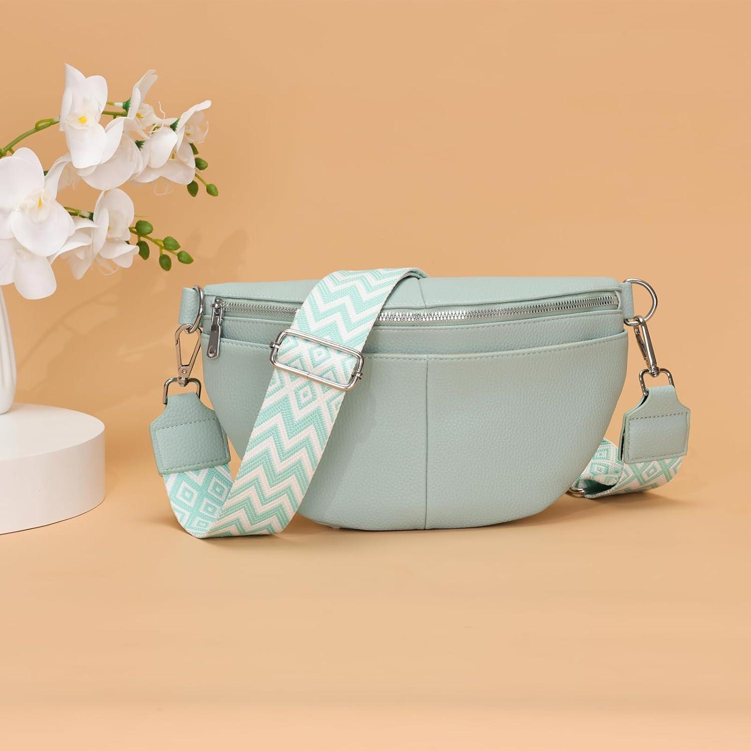 Bauchtasche Damen Grün Crossbody Umhängetasche Leder XL 30CM