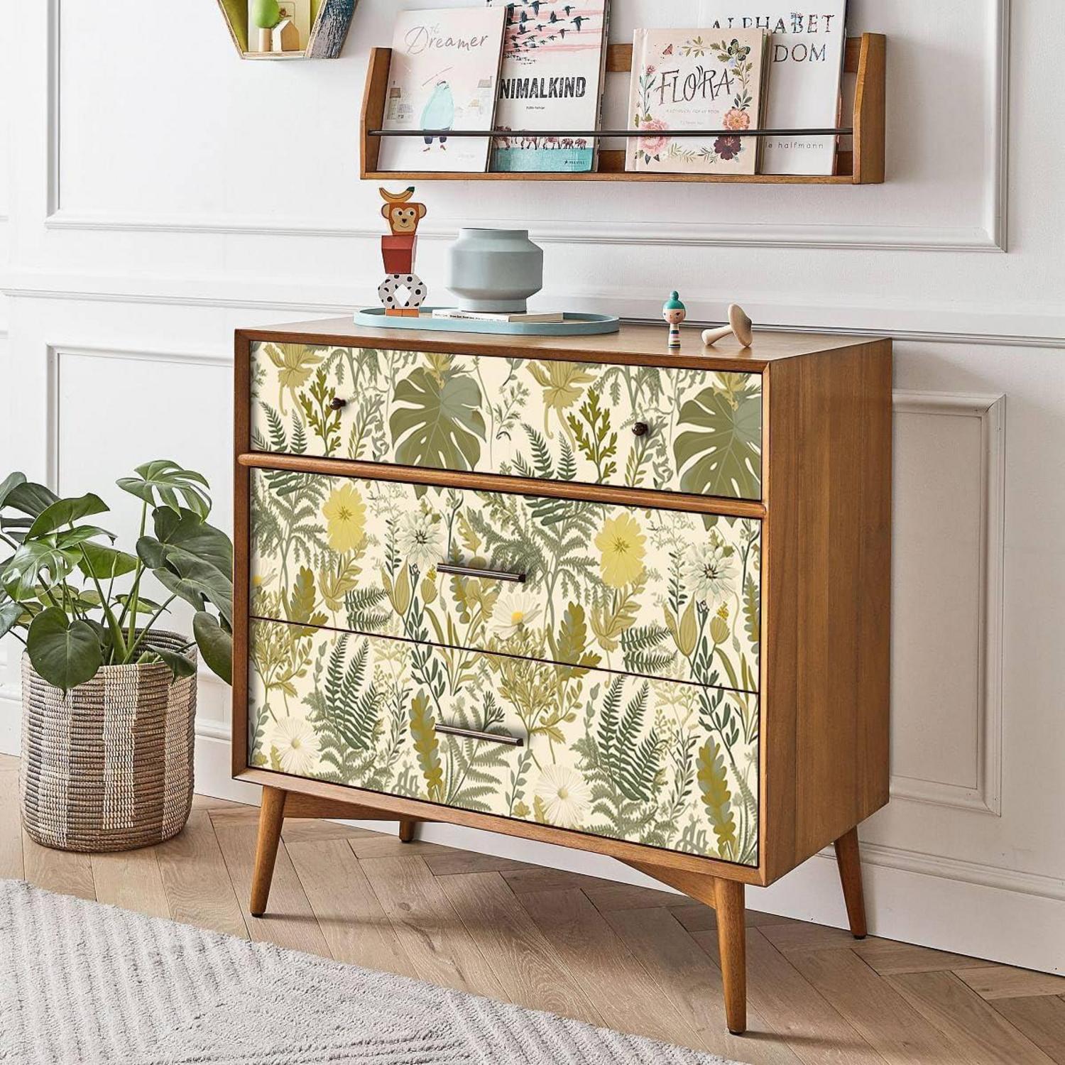 Selbstklebende Tapete Blume Botanik Gelbgrün PVC Vinyl Wandpapier 44x300cm