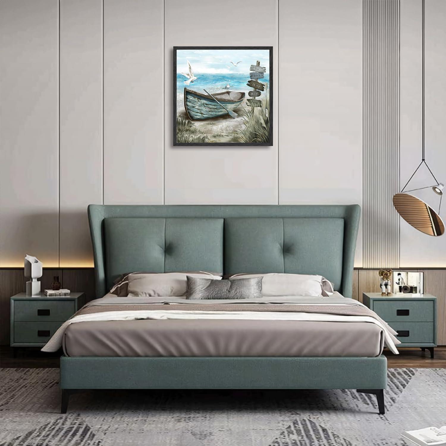 NymphFable Strand Wand Poster Möwe Boot Ozean Küste Dekor 40x40cm Ungerahmt