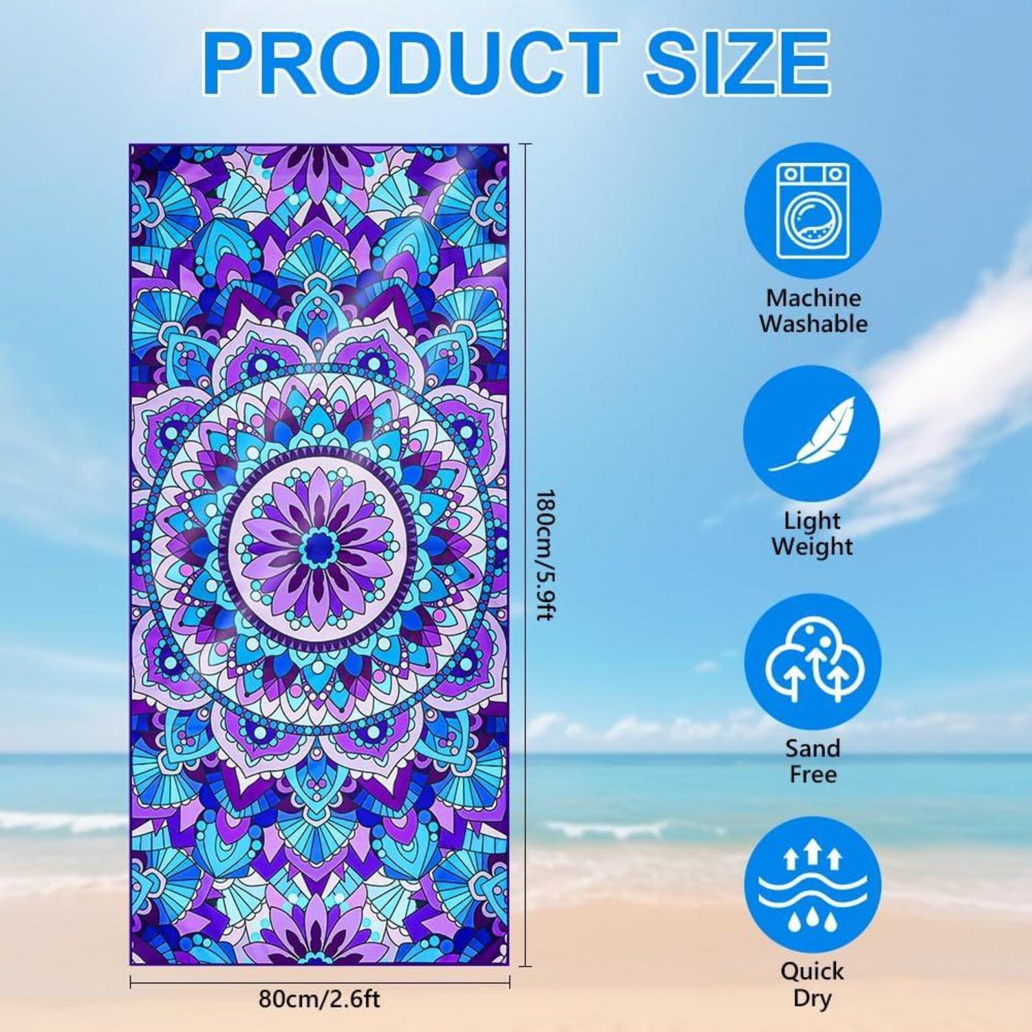 Microfiber Oversized Lightweight Beach Towel 180x80cm Purple Mandala