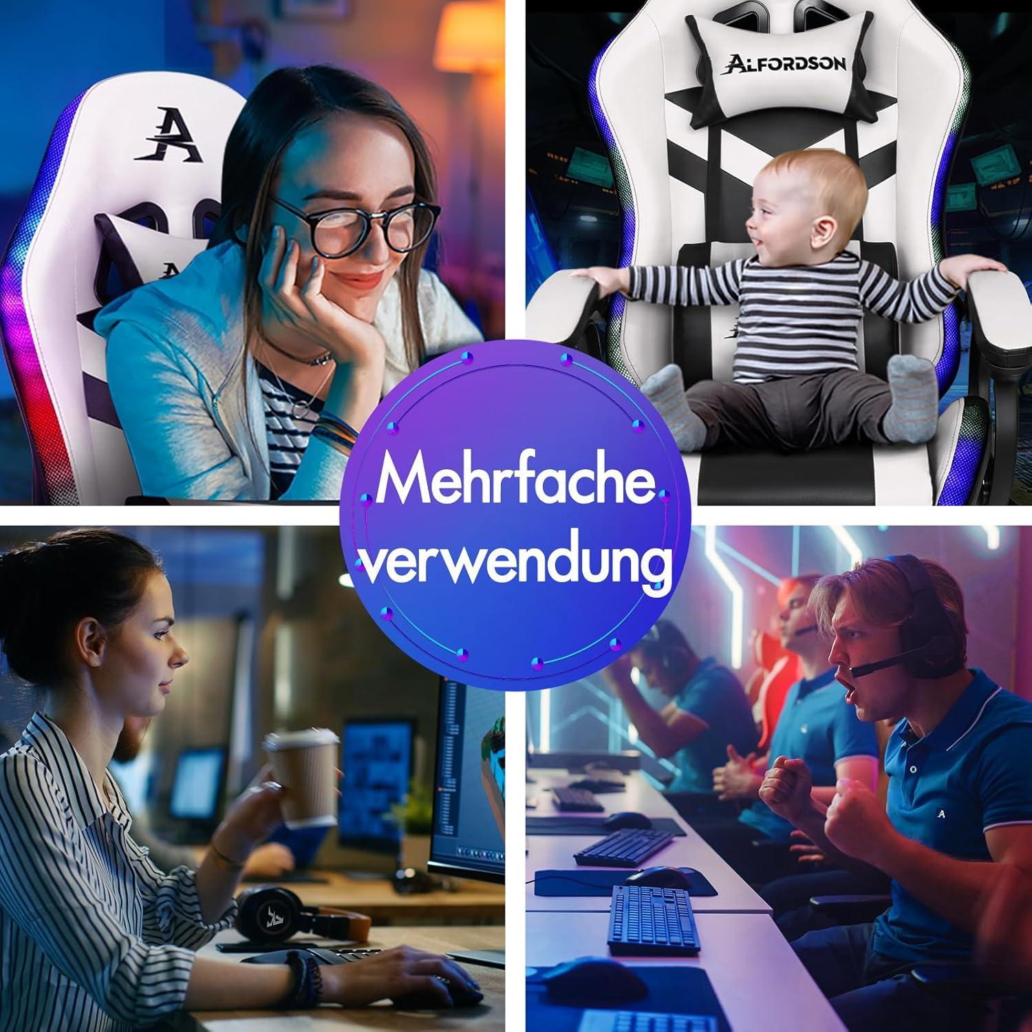 ALFORDSON Gaming-Stuhl LED RGB Massage Lordosenstütze Fußstütze PU Weiß - SerieMarc