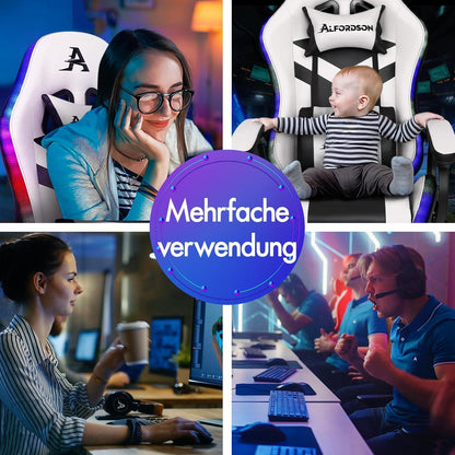 ALFORDSON Gaming-Stuhl LED RGB Massage Lordosenstütze Fußstütze PU Weiß - SerieMarc