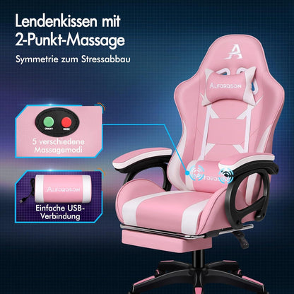 Rosa Gaming-Stuhl Massage Gamer-Sessel mit Kopfstütze und Fußstütze