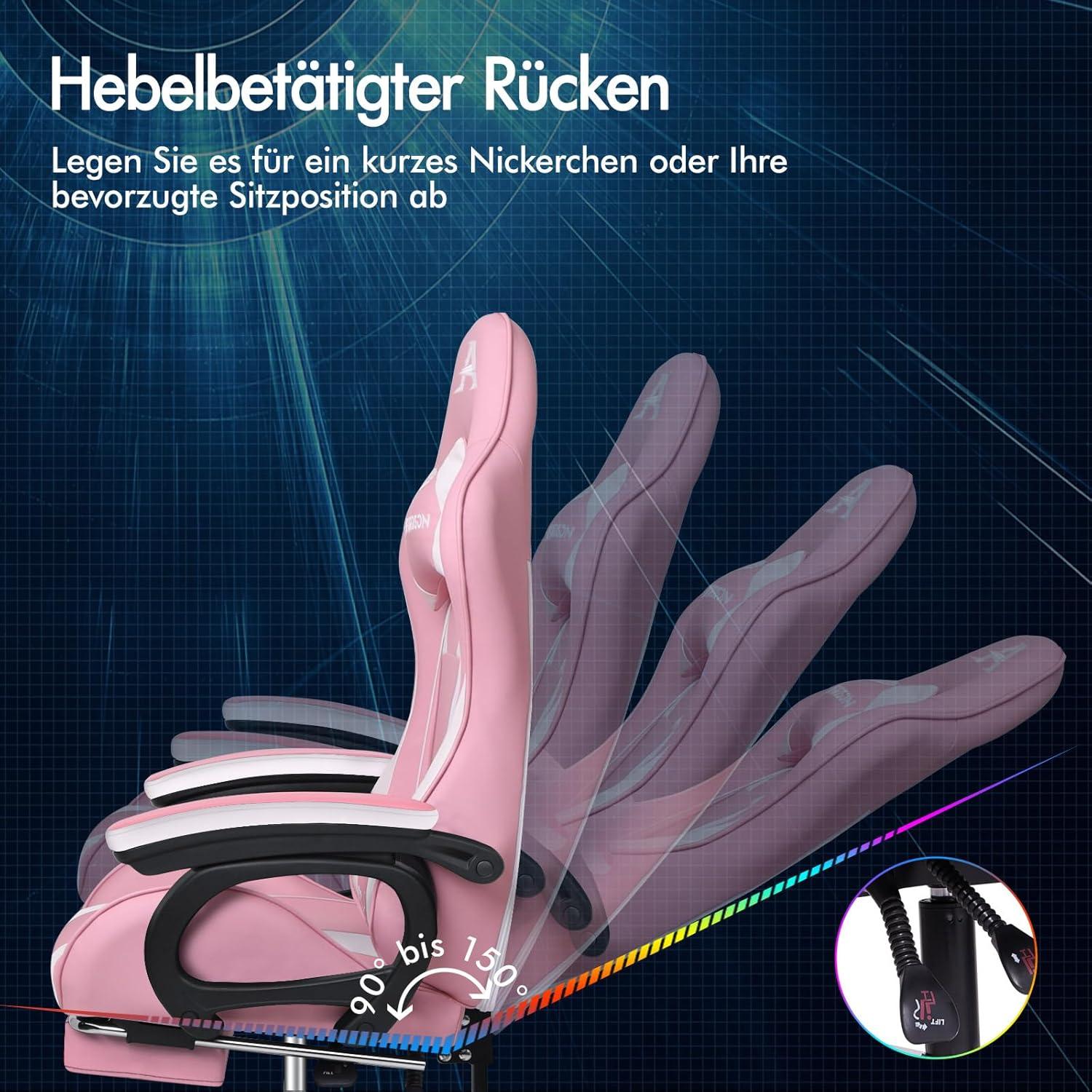 Rosa Gaming-Stuhl Massage Gamer-Sessel mit Kopfstütze und Fußstütze