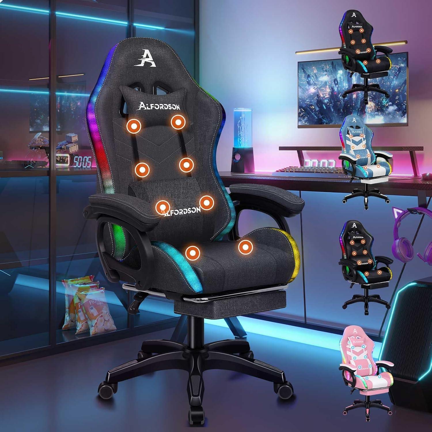 Gaming-Stuhl mit RGB-Beleuchtung, 8-Punkt-Massage, Grau