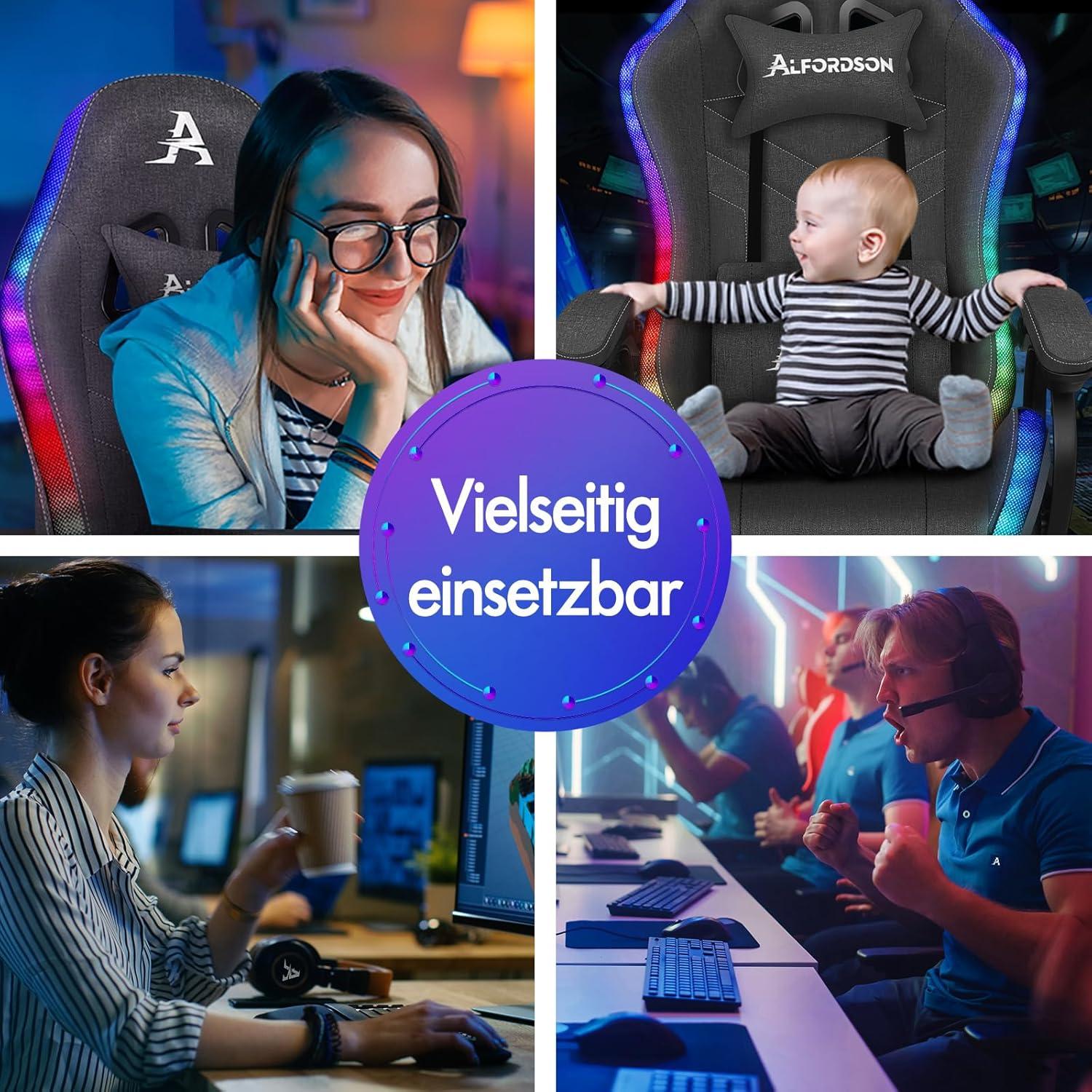 ALFORDSON Gaming-Stuhl mit RGB-Beleuchtung, Massage, Lordosenstütze, Fußstütze, Stoff, Grau - Marc Serie