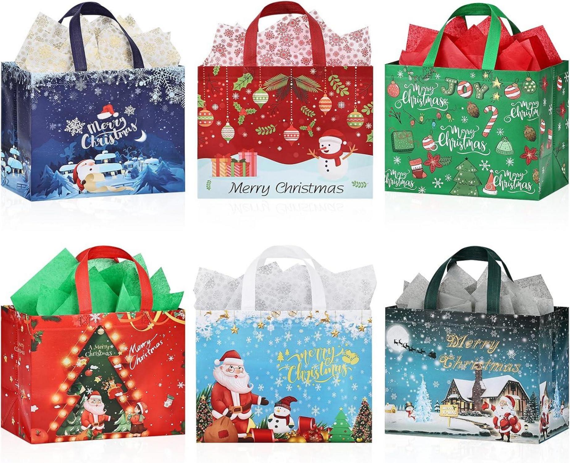 BBLIKE Weihnachtsgeschenktüten mit Gewebepapier - 6er Set, Santa Claus, Elch, Weihnachtsbaumdesign