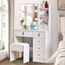Schminktisch mit LED-Beleuchtung, Spiegel, Hocker, 6 Schubladen