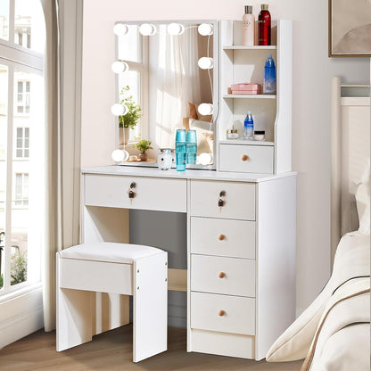Schminktisch mit LED-Beleuchtung, Spiegel, Hocker, 6 Schubladen