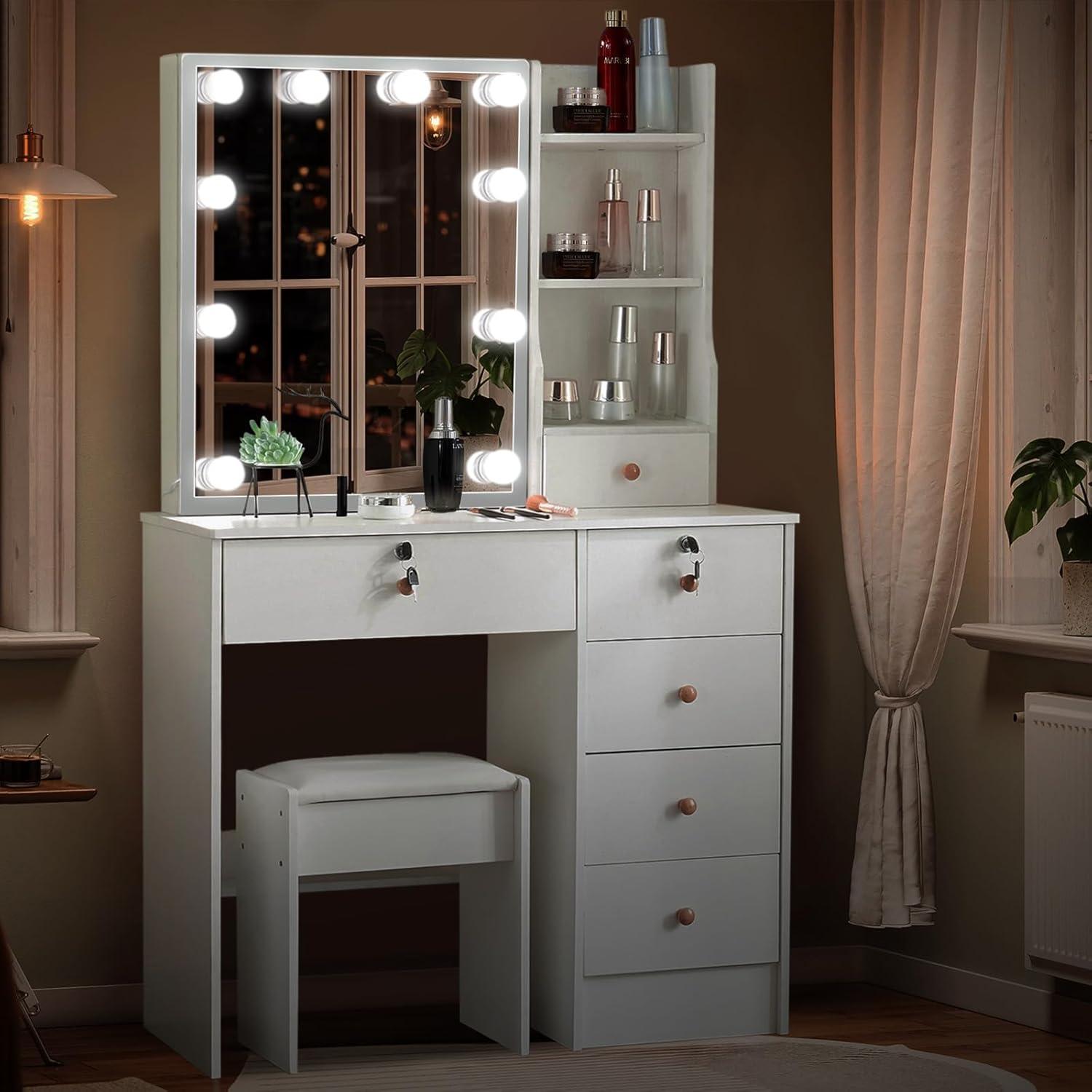 Schminktisch mit LED-Beleuchtung, Spiegel, Hocker, 6 Schubladen