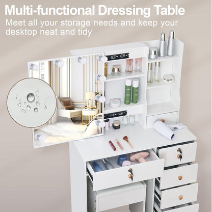 Schminktisch mit LED-Beleuchtung, Spiegel, Hocker, 6 Schubladen, 3