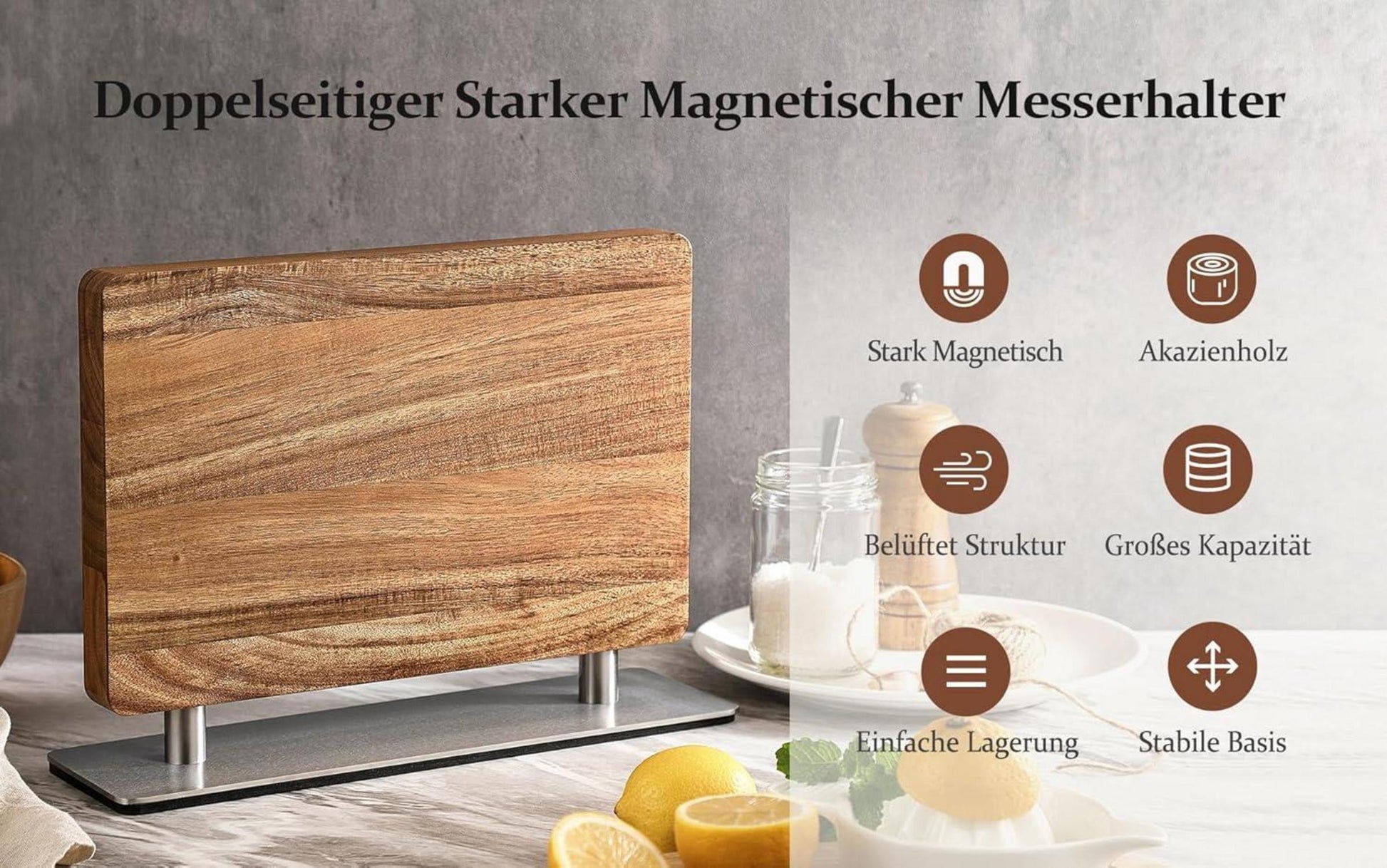 Magnetischer Messerhalter Akazienholz mit Edelstahlsockel