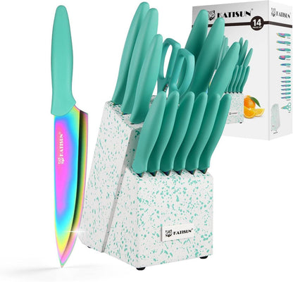 Küchenmesser Set 14-teilig Edelstahl Cyan-Griffe Schere etuiiert