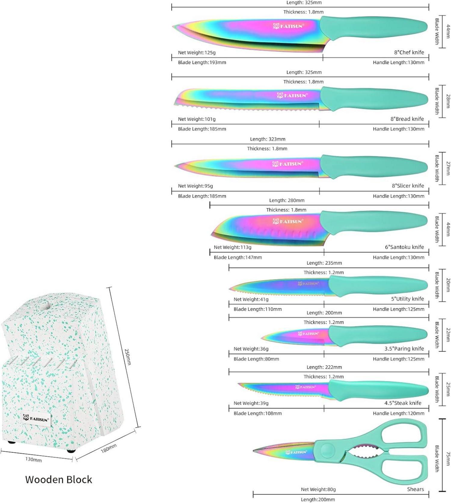 KATISUN 14-teiliges Messerset Regenbogenfarben Cyan-Griffe