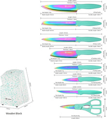 KATISUN 14-teiliges Messerset Regenbogenfarben Cyan-Griffe