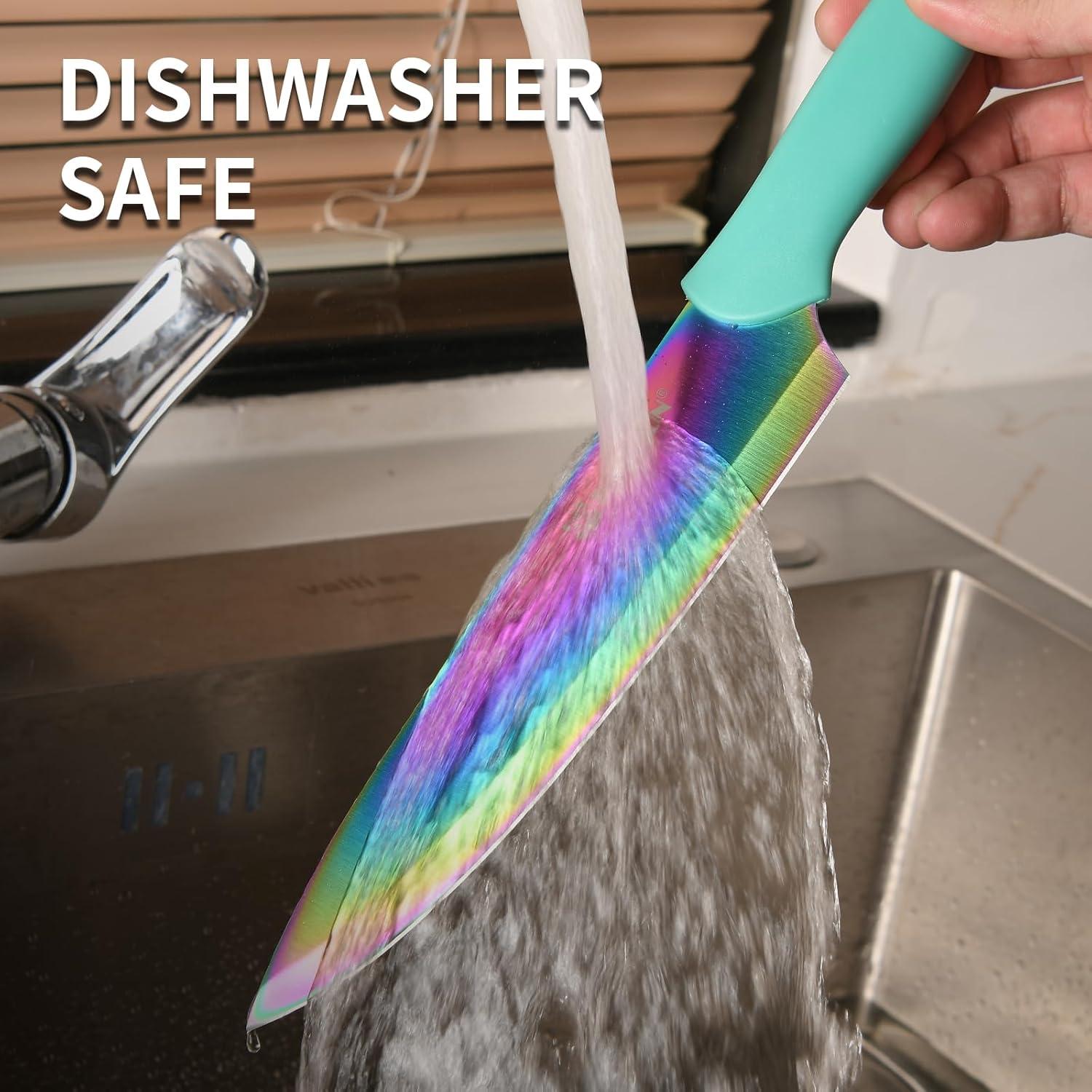 KATISUN 14-teiliges Regenbogen Messerset Deutscher Stahl Cyan-Griffe