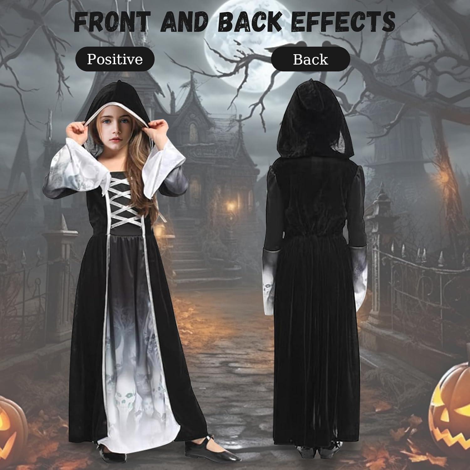 AOLIUP Halloween Sensenmann Mädchen Kinder Kostüm Grim Reaper Skelett Kleid L XL