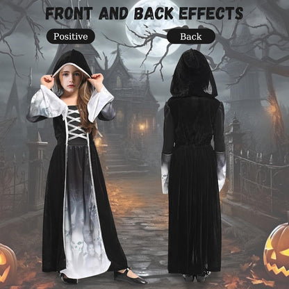 AOLIUP Halloween Sensenmann Mädchen Kinder Kostüm Grim Reaper Skelett Kleid L XL