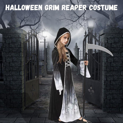AOLIUP Halloween Sensenmann Mädchen Kinder Kostüm Grim Reaper Skelett Kleid L XL