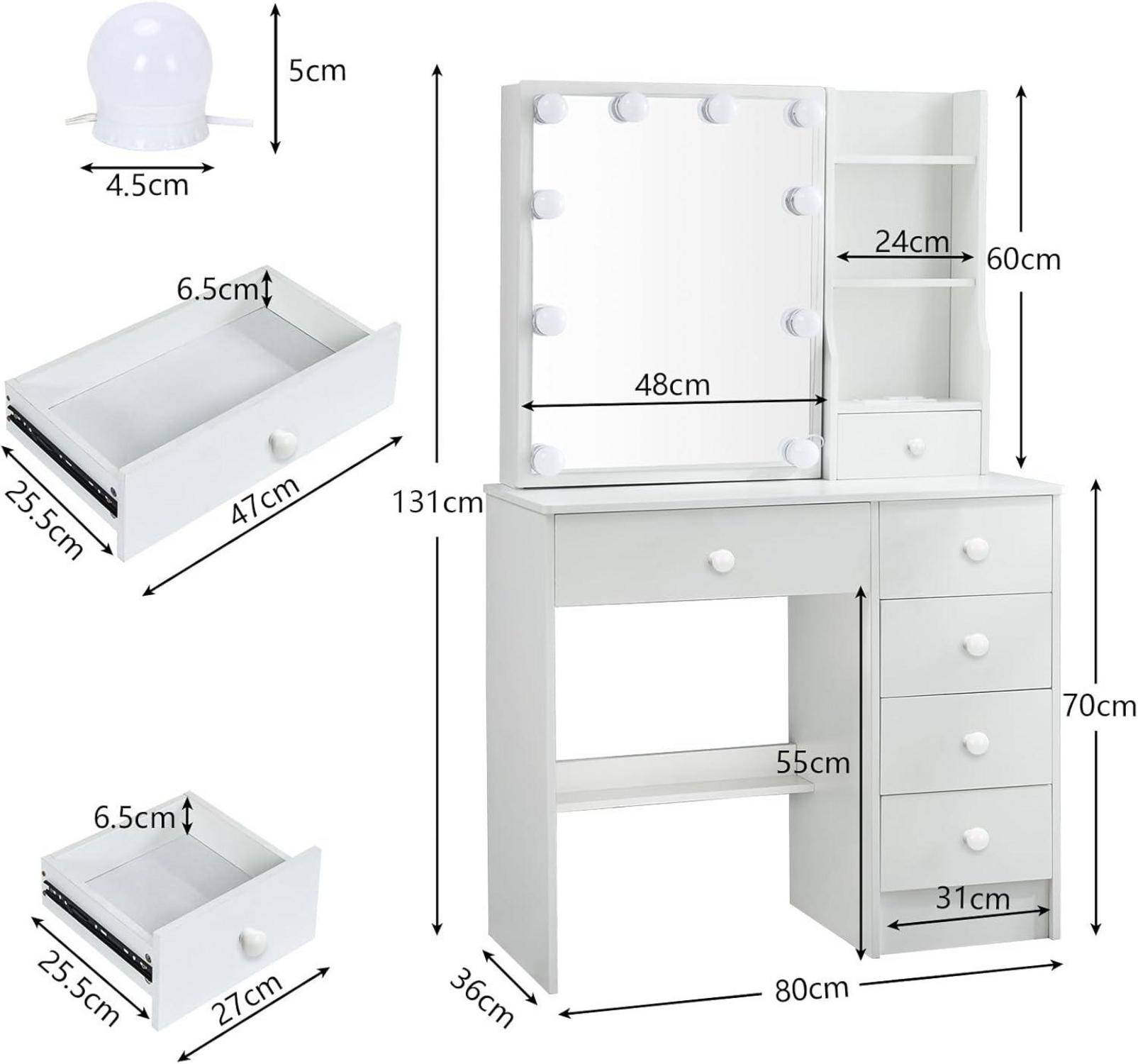 Schminktisch mit LED-Beleuchtung, Spiegel, Hocker, 6 Schubladen