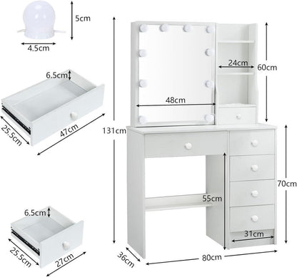 Schminktisch mit LED-Beleuchtung, Spiegel, Hocker, 6 Schubladen