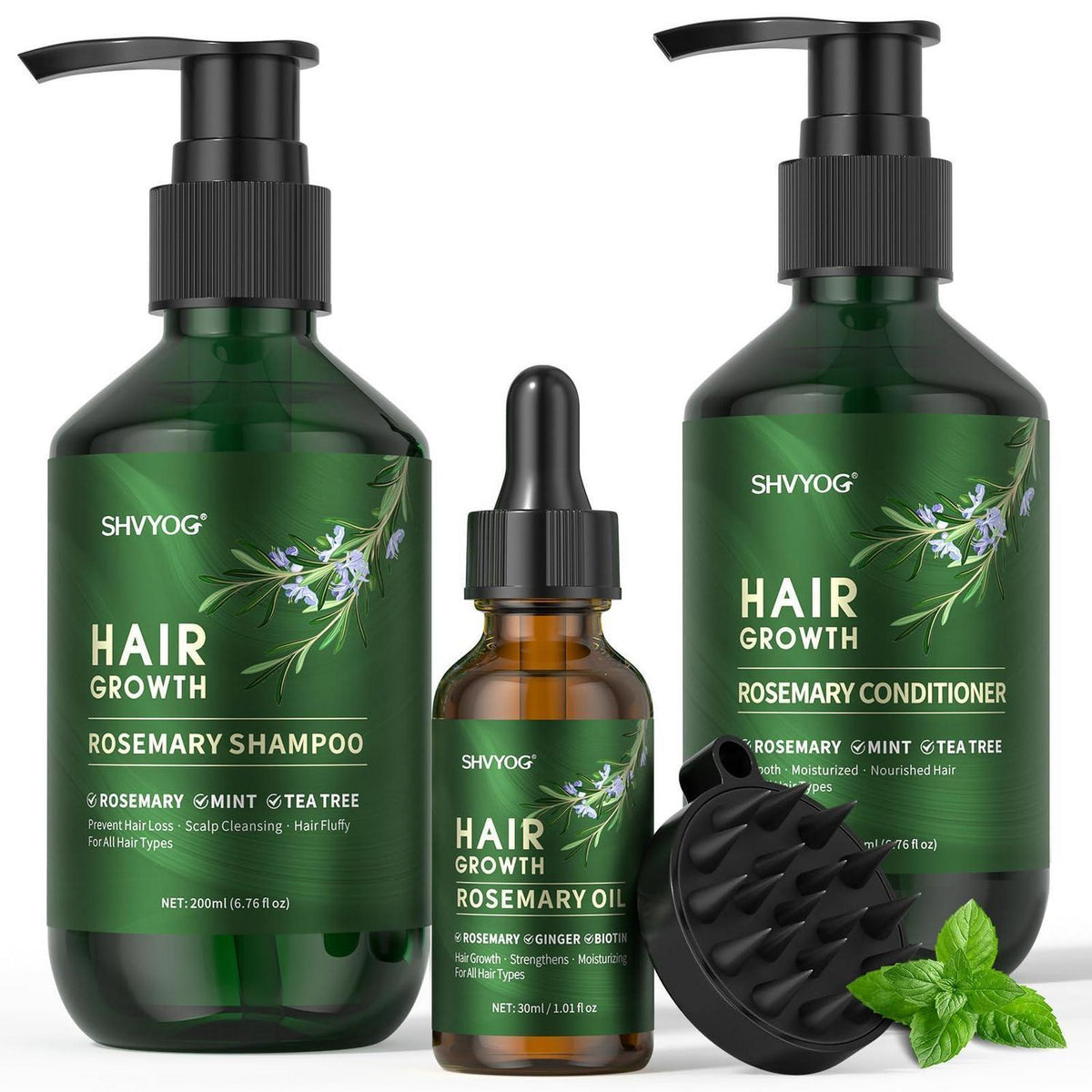 Rosmarin Shampoo & Conditioner Set mit Haarwuchsöl + Bürste