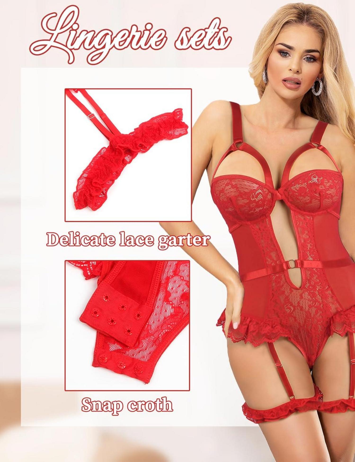 Sexy Spitzen Body Dessous Set mit Strumpfhalter 3XL-4XL Rot
