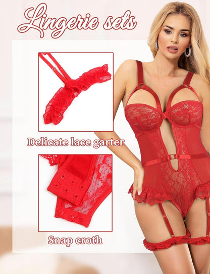 Sexy Spitzen Body Dessous Set mit Strumpfhalter 3XL-4XL Rot