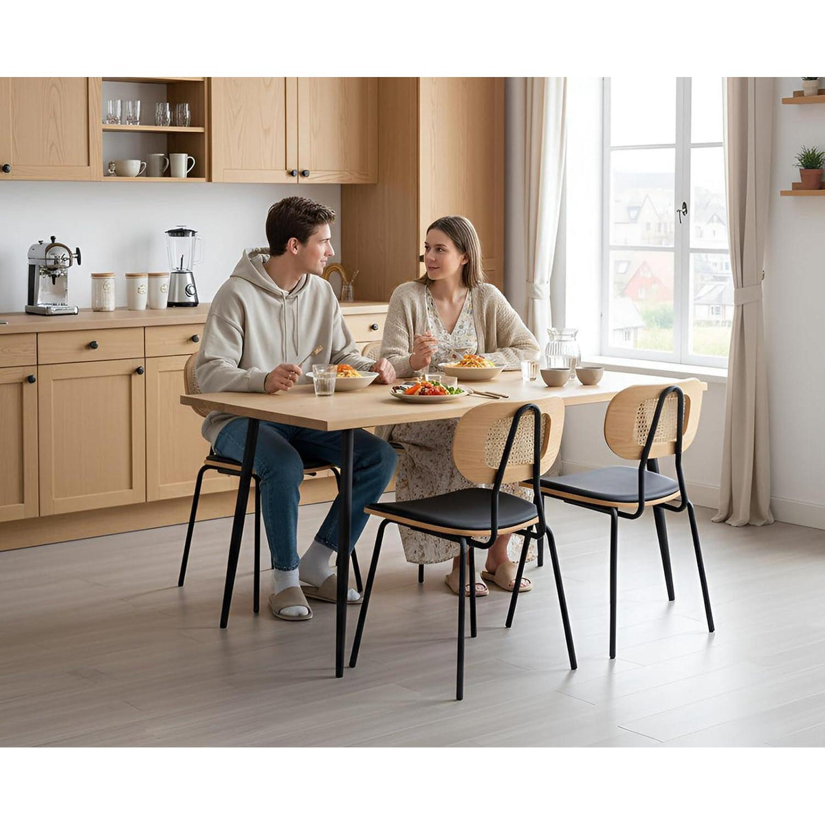 Gepolsterte Esszimmerstühle 2er Set Schwarz mit Rattan Rückenlehne