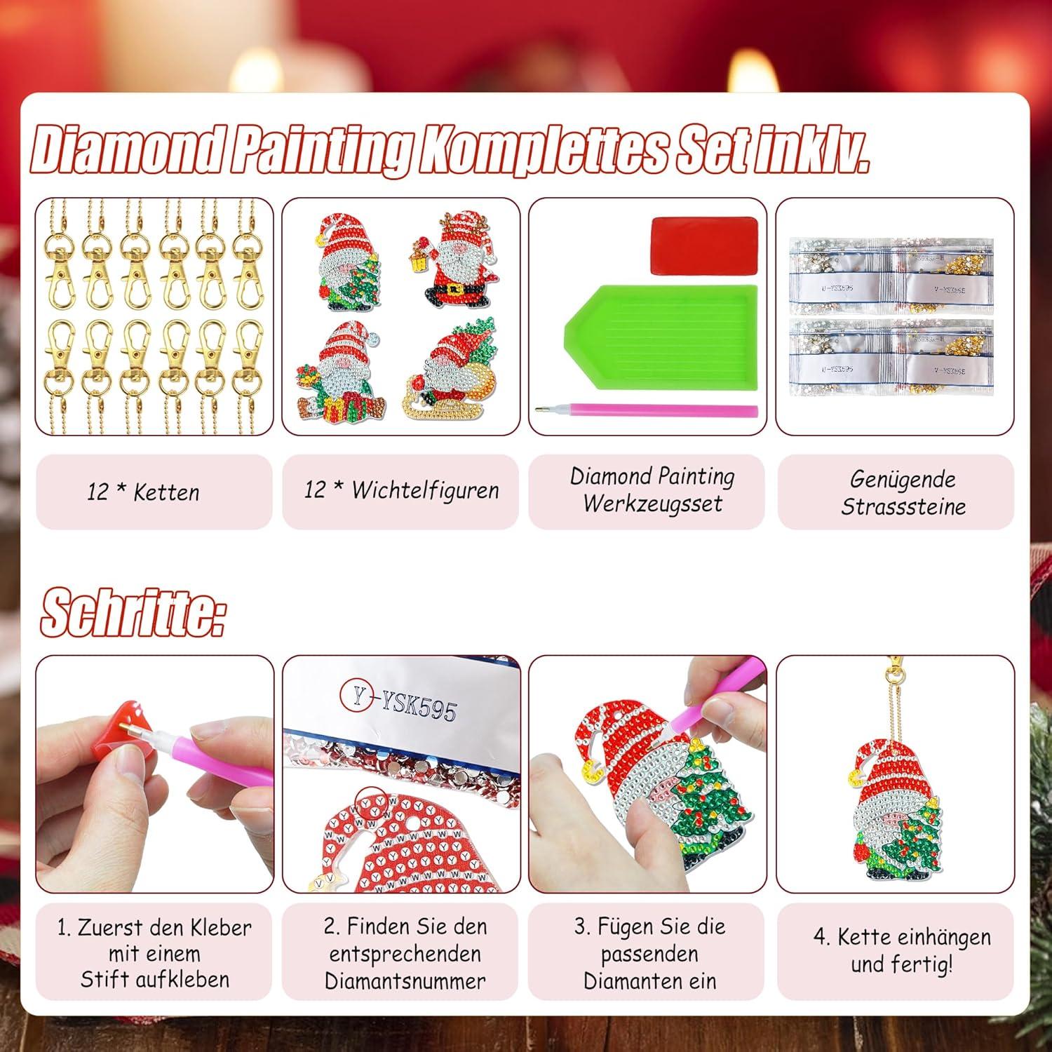 Diamond Painting Weihnachtsanhänger Set 12 Wichtel DIY Diamant Schlüsselanhänger