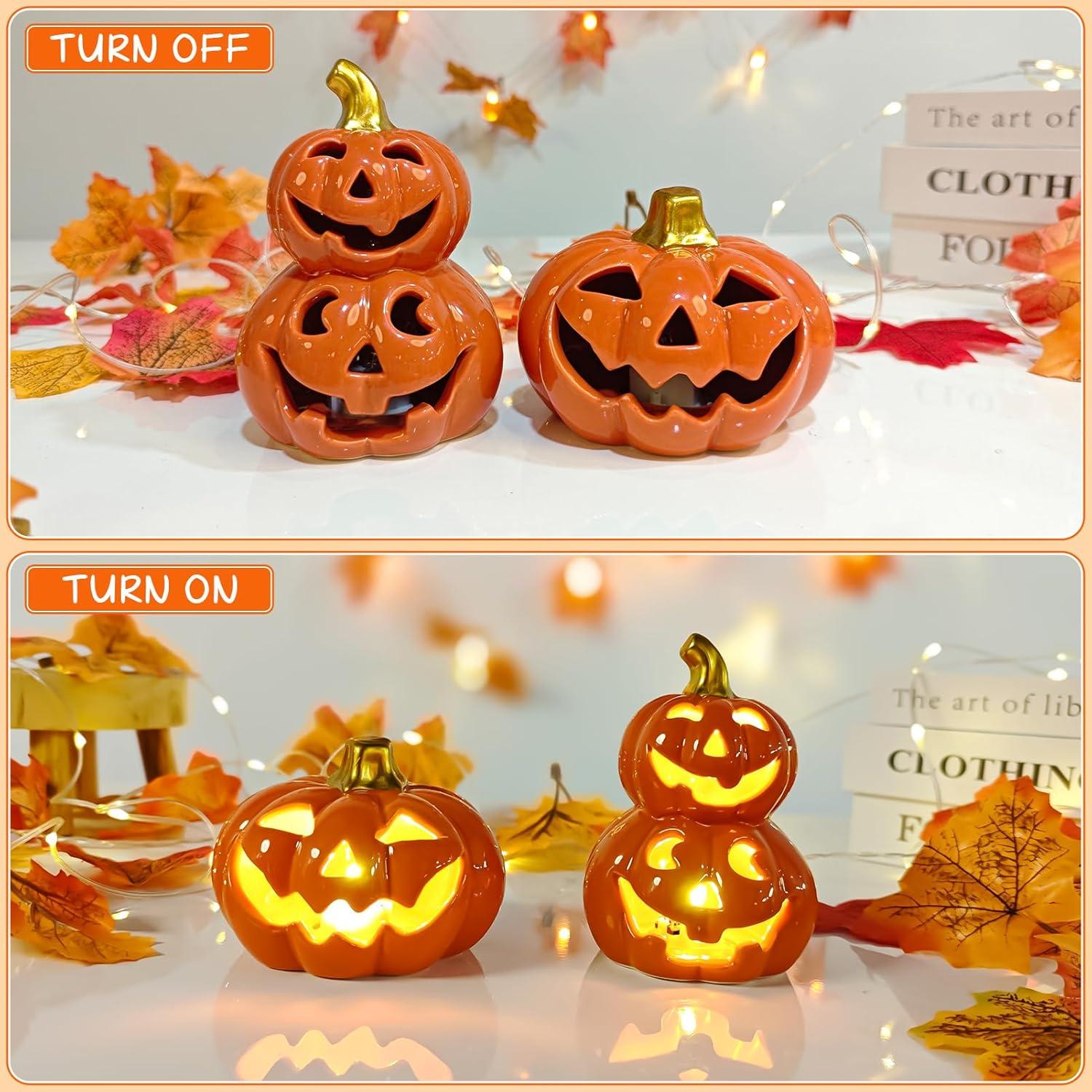 2er Set Herbstdeko Kürbis Laterne | Keramik Halloween Deko