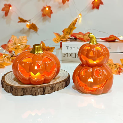 Herbstdeko Kürbis Laternen Set Keramik LED Halloween Laterne Warmweißes