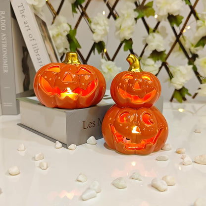 Herbstdeko Kürbis Laternen Set Keramik LED Halloween Laterne Warmweißes