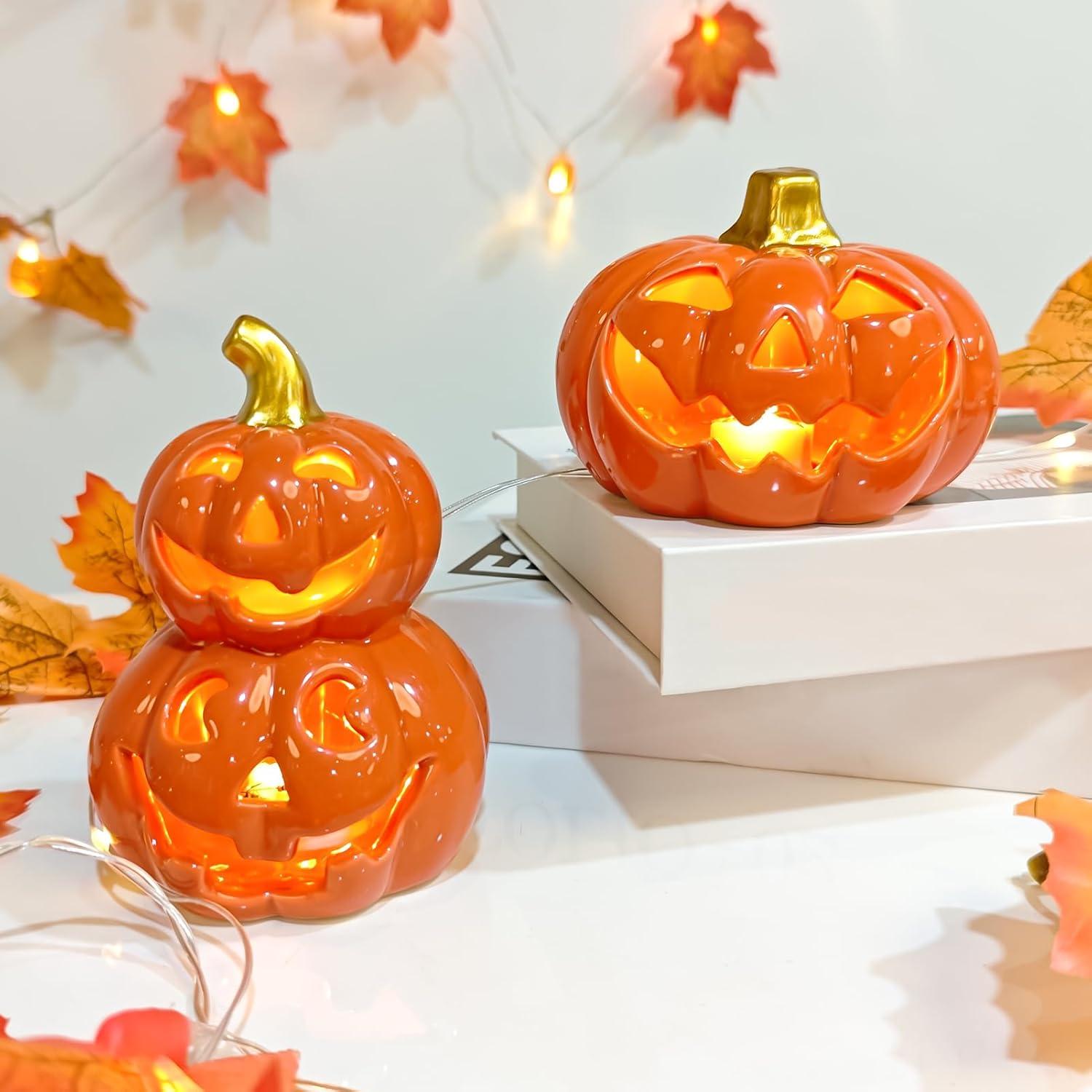 2er Set Herbstdeko Kürbis Laternen mit LED Lichtern für Halloween