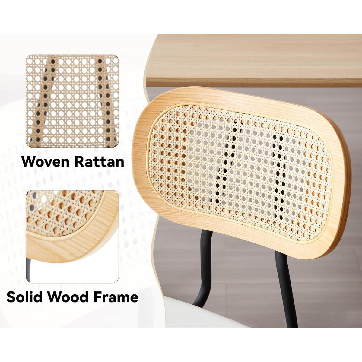 Gepolsterte Esszimmerstühle 2er Set Weiß mit Rattan Rückenlehne