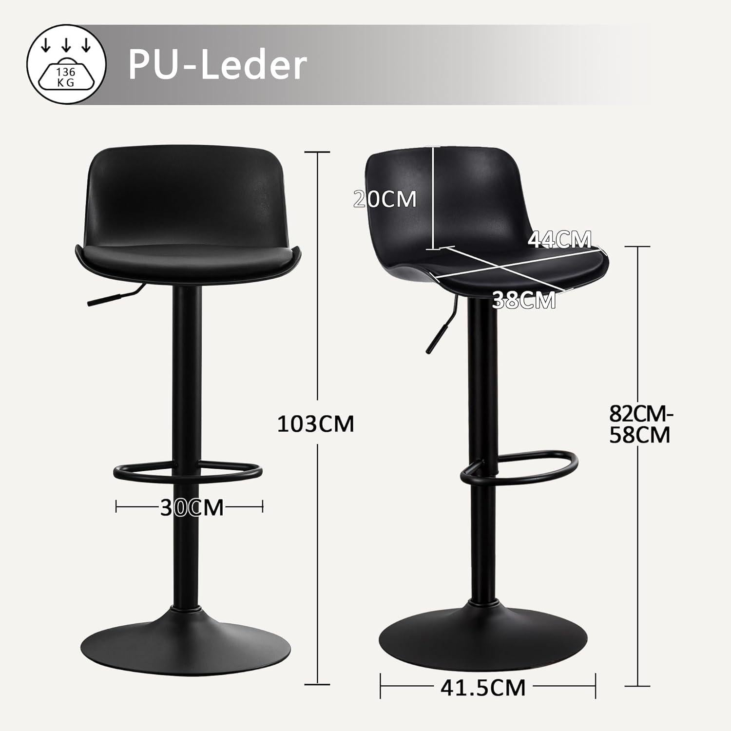 Schwarze höhenverstellbare Barhocker mit Lehne (2er Set) aus