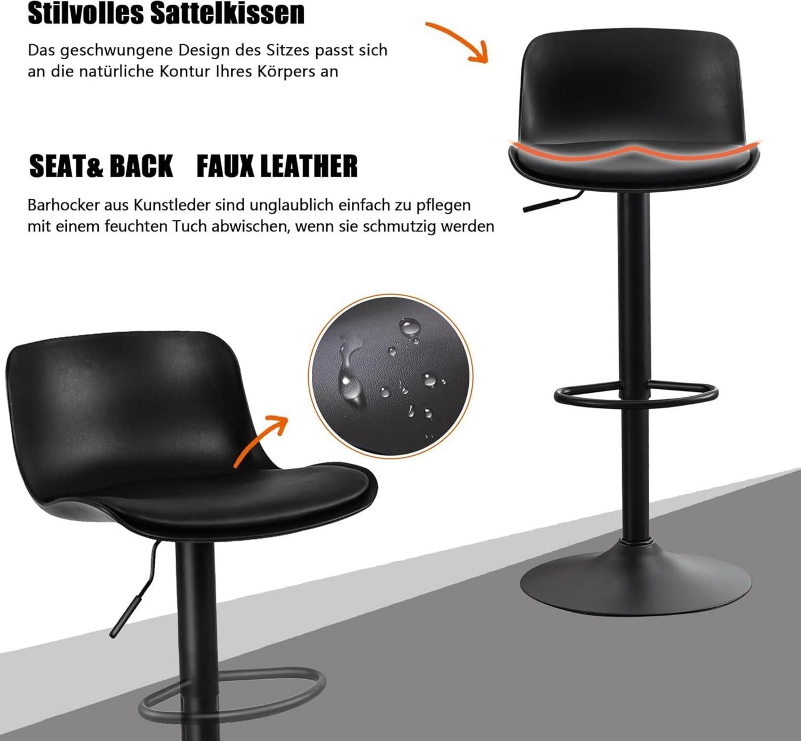 YOUTASTE Barhocker 2er Set Schwarz Höhenverstellbar aus PU-Leder