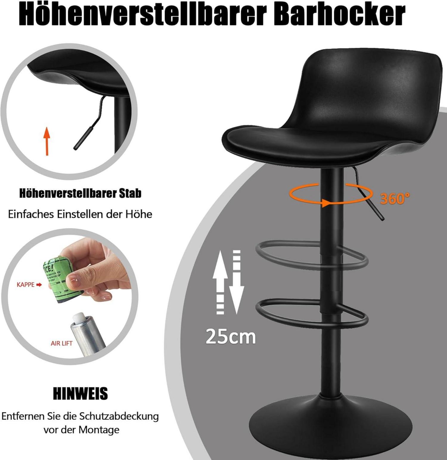 YOUTASTE Barhocker 2er Set Schwarz höhenverstellbar PU-Leder