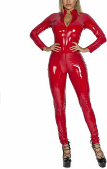 Damen Rot Wetlook PU Leder Catsuit Overall Front-Reißverschluss