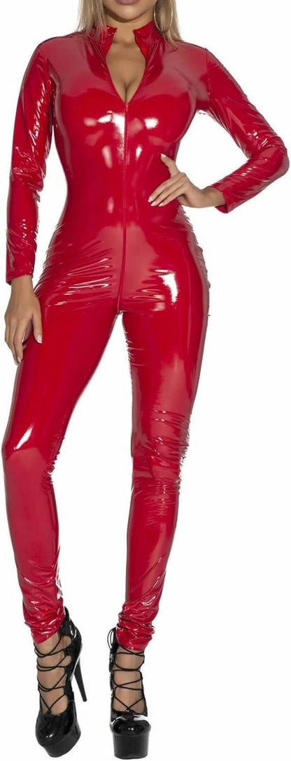 Damen Wetlook Catsuit PU Leder Clubwear Rot Gr.S-L