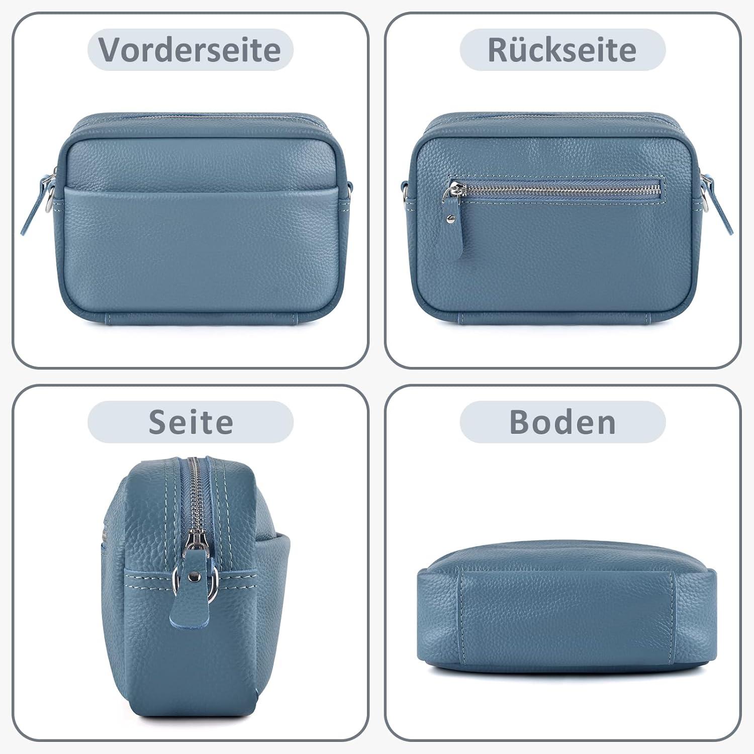 Handy Umhängetasche Echtes Leder Crossbody Bag Schwarz 3 Fächer
