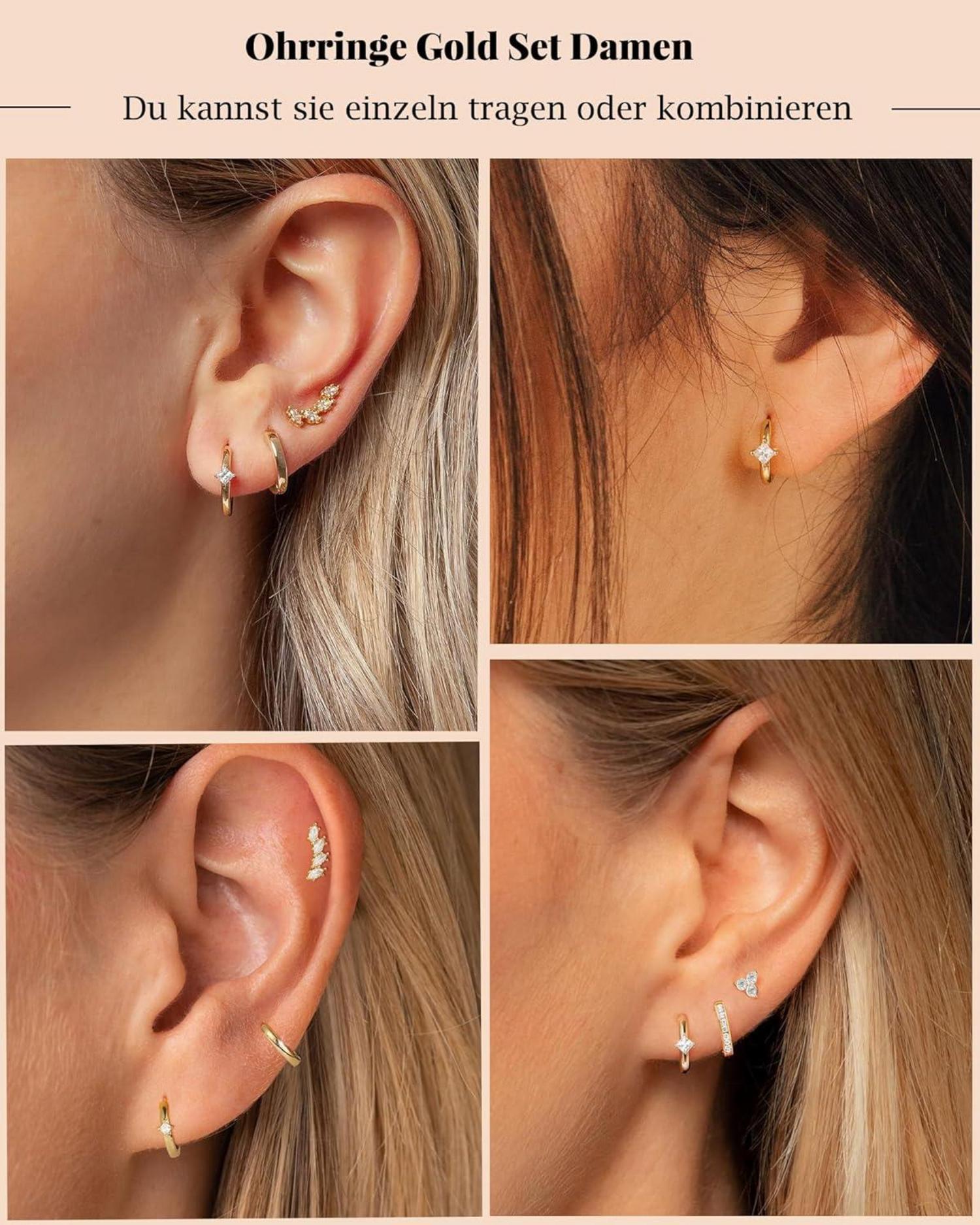 FUNEIA Ohrringe Silber 925/14K Vergoldet Creolen Ohrstecker Gold Set Aquamarin Hypoallergen