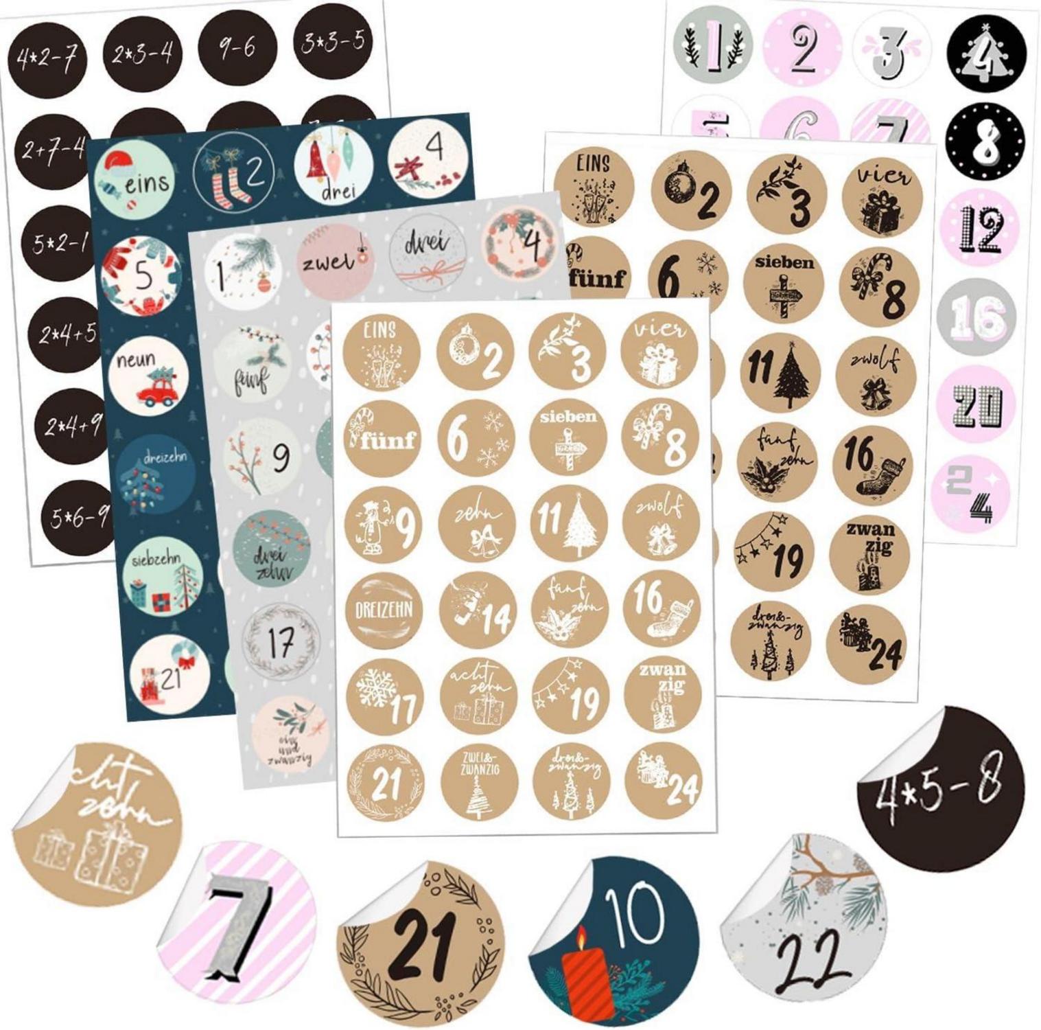 Adventskalender Zahlen Aufkleber 6 x 24 Stickers Weihnachten DIY