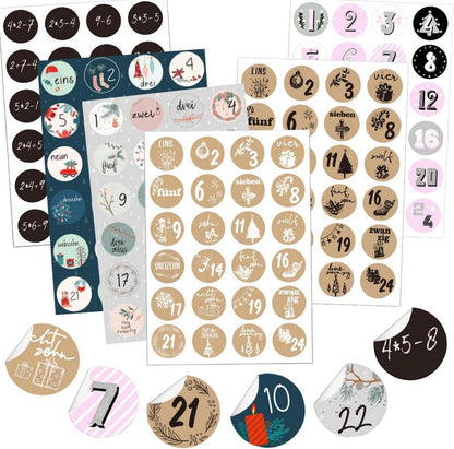 Adventskalender Zahlen Aufkleber 6 x 24 Stickers Weihnachten DIY