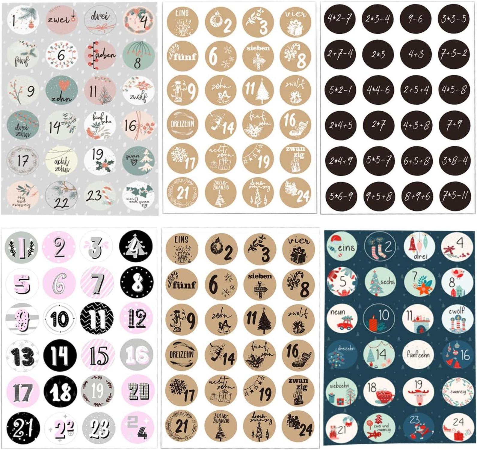 Adventskalender Zahlen Stickers 6x24 Weihnachten DIY Bastelset